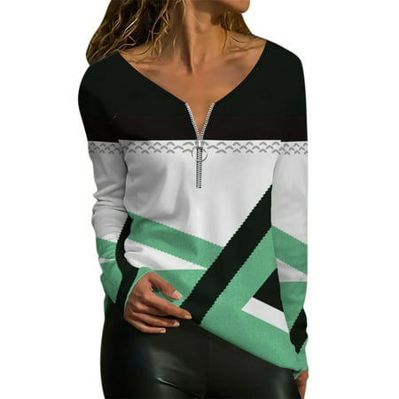 CLZOUD Womens Dress Blouses Spring and Summer Geometric Printed Ladies Top Zipper Long Sleeve T Shirt S