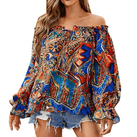 CLZOUD Shirts for Women Summer Sky Blue Women Summer Off Shoulder Shirt Floral Print Casual Long Sleeve Off Shoulder V Neck Tops Retro Ethnic Style Lo