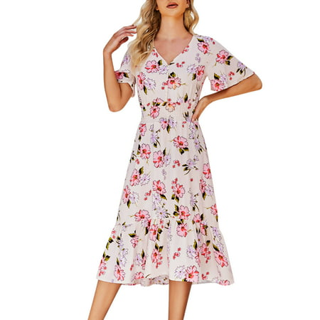 GWAABD Fancy Dress for Women Womens Summer Short Sleeve V Neck Floral Short Party Dress
