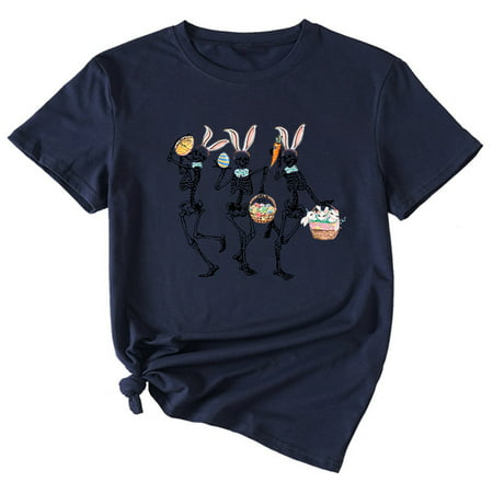 CLZOUD Casual Summer T Shirts Blue Womens Solid Color Large Loose Round Neck Letter Printed Short Sleeved T Shirt M