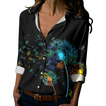 GWAABD Womens Casual Long Sleeve Shirts Womens Spring Summer Printed Long Sleeve V Neck Shirt Top Blouse