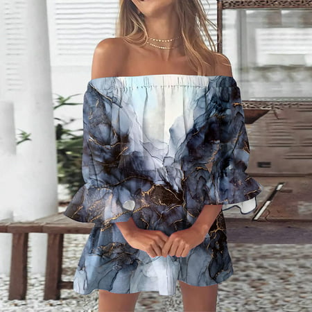 Dresses for Women 2023 Women S Casual Floral Print Off Shoulder Long Sleeve Mini Dress Plus Size Dress