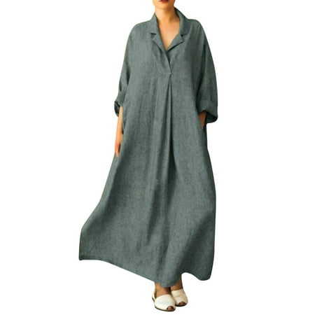 CLZOUD Womens Flowy Dresses Women Plus Size Long Sleeve Cross V Neck Maxi Dress Full Length Shirt Line Dress