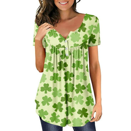 CLZOUD Women Blouses for Work St Patricks Day Womens Short Sleeve Button Neck Flower Printed Pleated T Shirt Top Casual Floral Fit Shirts Tee Blouse X