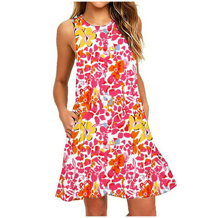 Ersazi Dresses for Women 2023 Summer Dresses for Women Beach Floral Tshirt Sundress Casual Pockets Boho Tank Dress Fashion Sleeveless Maxi Dress for W