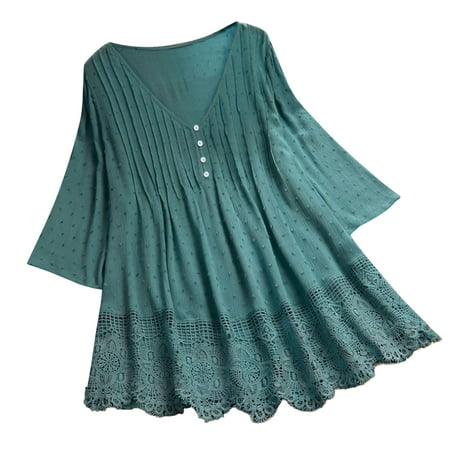 CLZOUD Work Shirts for Women Business Green Polyester Women Vintage Three Quarter Lace V Neck Plus Size Top T Shirt Blouse Xxxl