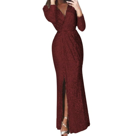 GWAABD Resort Wear for Women S Sequin Long Sleeve V Neck Long Nightclub Style Slim Sling Dress with Slit
