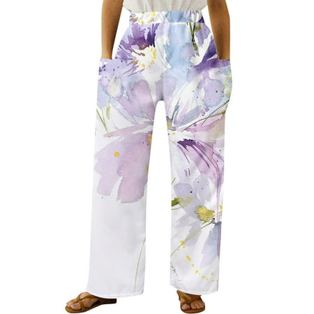 GWAABD Casual Women Casual Beach Trousers Dandelion Flower Print Elastic Waist Pocket Wide Leg Pants