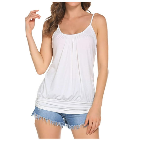 CLZOUD Seamless Spaghetti Strap Leisure White Women S Casual Print Tank Spaghetti Strap Vest Shirt Sleeveless Blouse Fold Top S