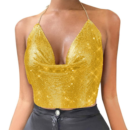 GWAABD Deep V Neck Loose Sleeve Crop Women Chain Clothes Beading Tassel Sleeveless Backless Halter Crop Top Club Vintage Tank Tops