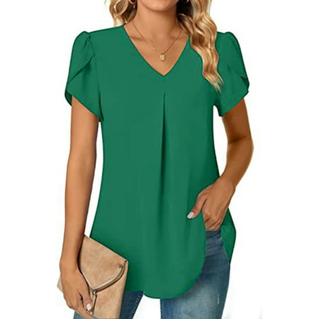 CLZOUD Fashion Blouse Women Green 2023 Women S Summer Fashion Chiffon Shirt V Neck Short Sleeved Tunic Top Suitable for Leggings L