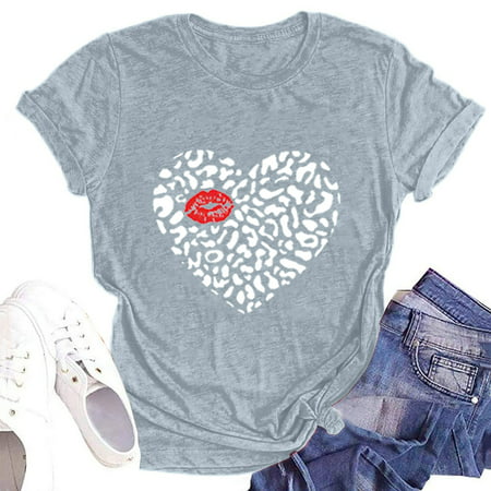 CLZOUD Blouse Tops for Women Grey Womens Fashion Round Neck Short Sleeved Love Printed T Shirt Top Xl