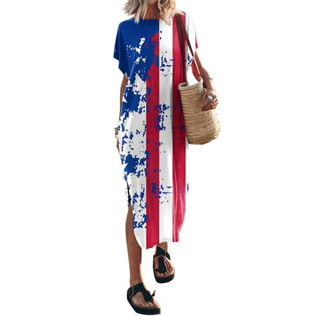 Perfect Summer Gift HIMIWAY Maxi Cheap MIDI Wedding Guest Plus Size Women 7681 Summer Loose Casual Large Size Patriot V-Neck Sleeveless Dress Dark Blu