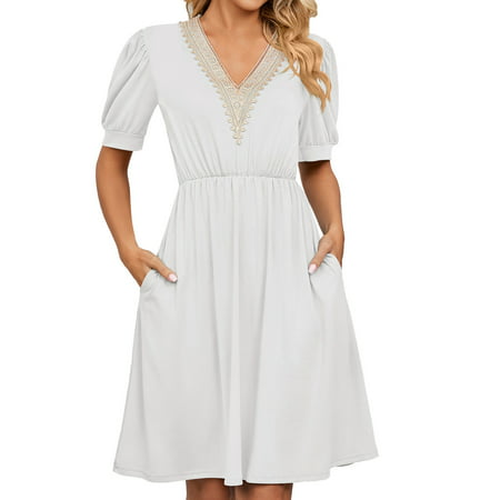GWAABD Western Dress for Women Women Summer Fashion Casual Dress Sleeveless Pockets Lace Stitching V Neck Dresses Loose Comfy Elegant Loose Dress