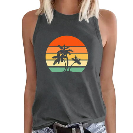 CLZOUD Women S Summer Camisole Dark Gray Women Casual Coconut Tree Printing Short Sleeves Crew Neck Loose TShirt Blouse Tops Xxl
