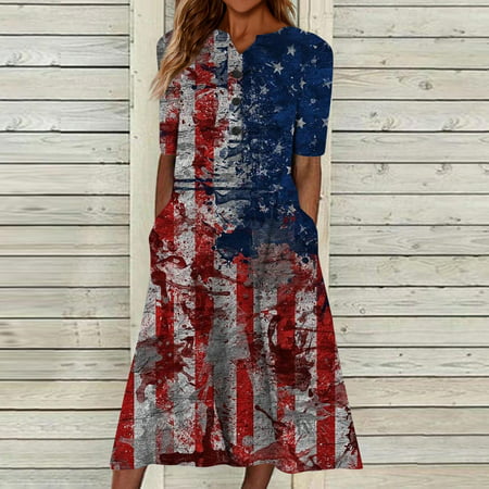 Perfect Summer Gift HIMIWAY Maxi Cheap MIDI Wedding Guest Plus Size Women 4722 Summer Loose Casual Large Size Patriot V-Neck Sleeveless Dress Multicol