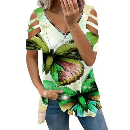 CLZOUD Womens Plus Size Shirts Mint Green Womens Loose Fashion Zipper Strapless Short Sleeve Butterfly Print T Shirt Short Sleeve Top L