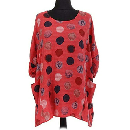 CLZOUD Casual Summer T Shirts Red Polyester Women Ladies Large Size Pockets Dot Print Long T-shirt Casual Top Blouse M