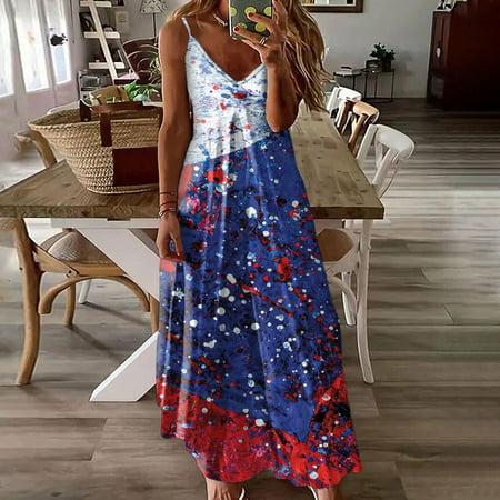 Perfect Summer Gift HIMIWAY Maxi Cheap MIDI Wedding Guest Plus Size Women 6317 Summer Loose Casual Large Size Patriot V-Neck Sleeveless Dress Royal Bl
