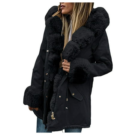 GWAABD Womens Plus Size Coats Hoodie Zipper Winter Coat -Fur  Padded Drawstring Coat Warm Women Jacket Fashion Inside Slim Winter Hooded Jacket Women 