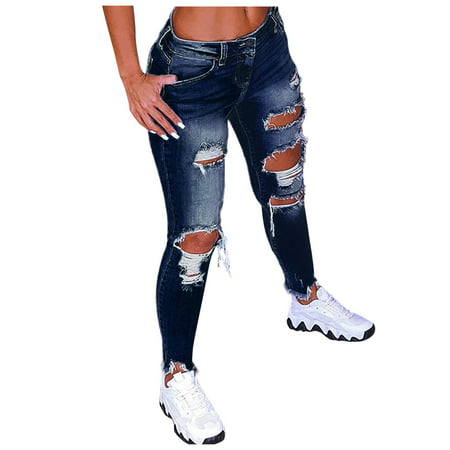 GWAABD Yoga Pants for Women Hole Women Waist Solid Jeans Color Low Pants Ankle Fashion Flares Trouser Plus Size Pants