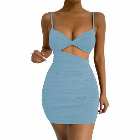 CLZOUD Women Casual Dresses Rd2 Polyester Women S Bodycon Sleeveless Deep V Neck Summer Dress Wrap Ruched Party Mini Dresses S