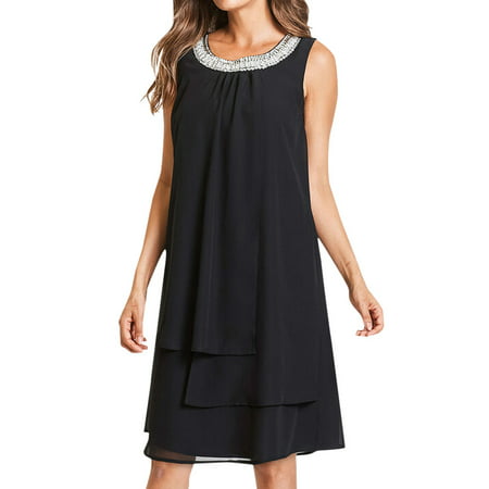 CLZOUD Womens Summer Fashion Black Polyester Women Chiffon Summer Plus Size Sequin O-neck Sleeveless Casual Swing Party Dress Xxxxxl