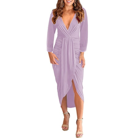 GWAABD Wrap Dress for Women Plus Size Womens Dress Deep V Neck Slim Waist Solid Wrap Split Swing Solid Party Dress