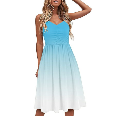 Blue Maid Dress Beach Dresses for Women Casual Floral Boho Summer Sun Dresses Crewneck Sleeveless Dress Pleats Loose Tank Dresses Elegant Dresses for 