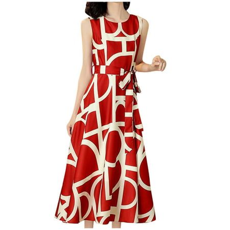 CLZOUD Women Flowy Dress Red Polyester Fashion Casual Women O-Neck Sleeveless Long a-Line Printed Ladies Slim Dress M