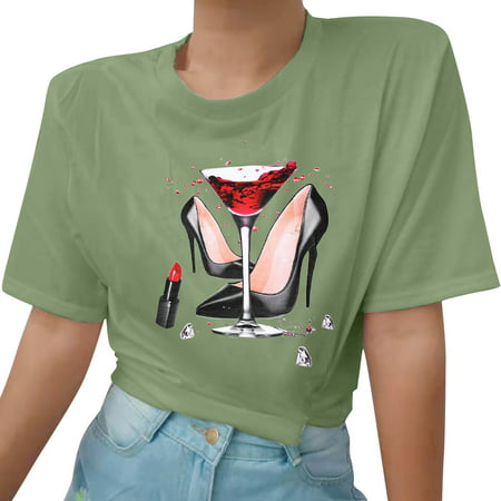 CLZOUD Womens Casual Shirts Army Green Women Daily Short Shifts Blouse Print Round Neck Casual Tops Blouse Tee Xl
