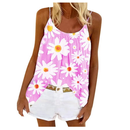CLZOUD Tops for Women Casual Summer Pink Womens Swing Vest Sleeveless Cami Top Ladies Strappy Flared Plus Size Tops Shirt
