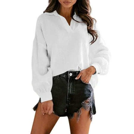 GWAABD Womens Swing Tops Women Fashion Loose Casual V Neck Lapel Puff Long Sleeve Solid Color Shirt Tops