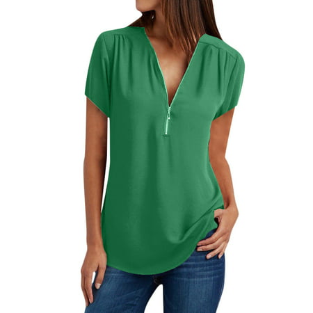 CLZOUD Blouses for Women Casual Green Womens Casual Tops Shirt Ladies V Neck Zipper Loose T-shirt Blouse Tee Top Xxxxxl