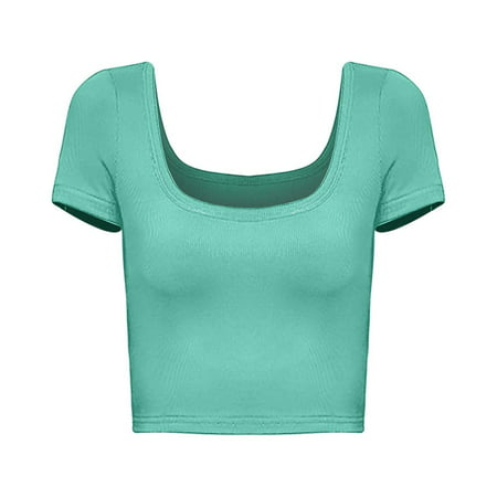 CLZOUD Womens Tops Blouses Green Stylish Square Neck Women S Short Sleeved Summer Crop Top M