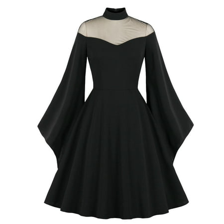 GWAABD Black Floral Dress Women Rockabilly Long Punk Swing Color Solid Vintage Dresses Sleeve Women Gothic Party Womens Dress