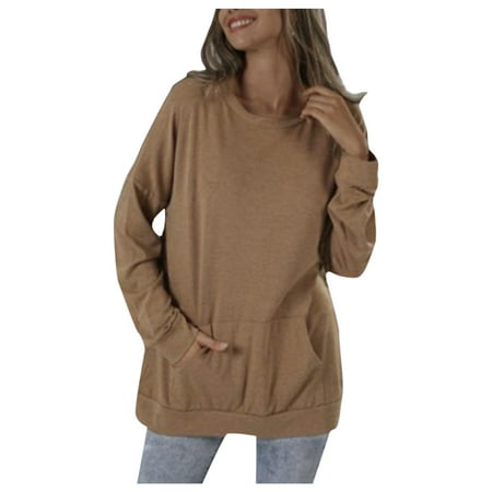 GWAABD Womens Tops for Work Business Casual Neck Color Women Casual Pocket Long-sleeved Round Solid Blouse Winter Women S Blouse