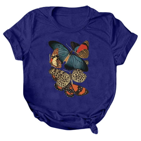 GWAABD Women S Tunic Shirts Women Casual Butterfly Printing Short Sleeves Crew Neck Loose TShirt Blouse Tops