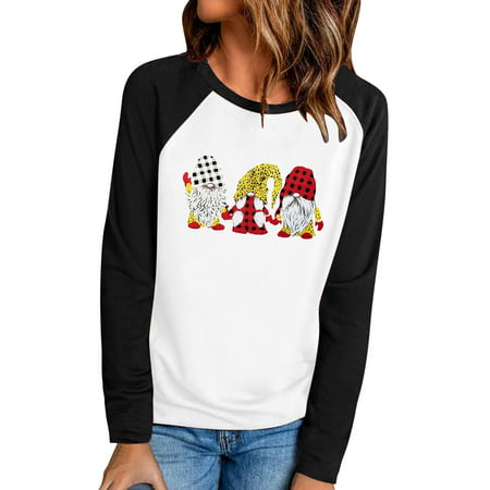 GWAABD Summer Sweatshirts for Women Womens Christmas Print Long Sleeved Raglan Sleeve Color Contrast Tee Shirt Top Blouse