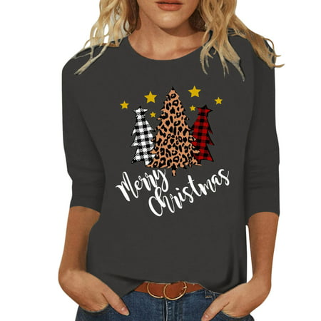 CLZOUD Womens Fitted Shirts Dark Gray Womens Casual Fashion Tree Printing Crew Neck Three Quarter Sleeve Tops T Shirt Blouse Xl