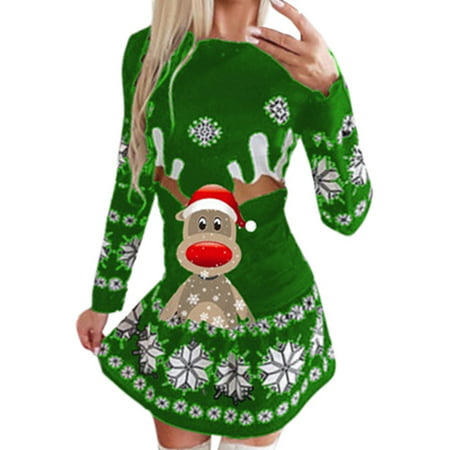 GWAABD Black Dress for Women MIDI Length Christmas Womens Dresses Round Neck Long Sleeve Dress Snowflake Printed Fashion Casual Party Dresses