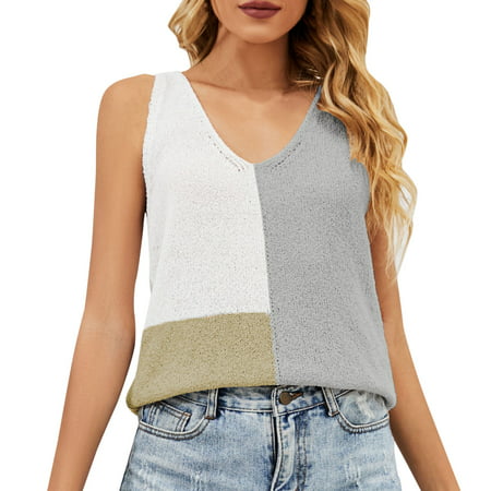 CLZOUD Mid Sleeve Top for Women Workout Grey Women S Clothing Style Vest Stitching Contrast Color Knitted Loose Casual Women S Tank Tops