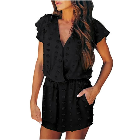 YANHAIGONG Women Pants Summer Shorts Pants for Women 2658 Fashion Women Summer Casual Sexy Short Sleeve Solid Color V-Neck Jumpsuits