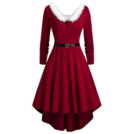 GWAABD Denim Dress for Women Knee Length Womens Christmas Plush Panel Long Sleeve V Neck Asymmetrical Casual Slim Party Autumn Winter Dresses