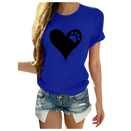 CLZOUD Blouse for Women Dressy Casual Blue Polyester Women Short Sleeves O-neck Heart-shaped Print Casual Tops Blouse T-shirt S
