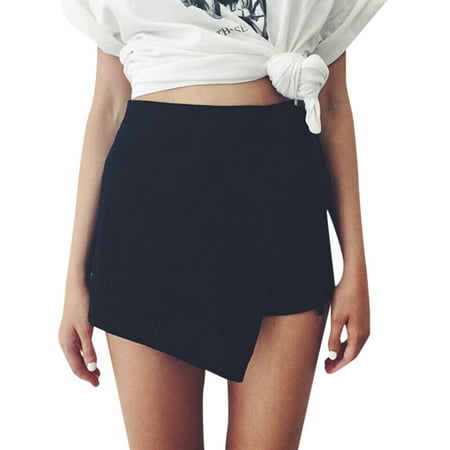 CLZOUD Summer Dresses Women Black Womens Skorts Shorts Skirt High Waisted Casual Irregular Flanging Wrap Culottes S