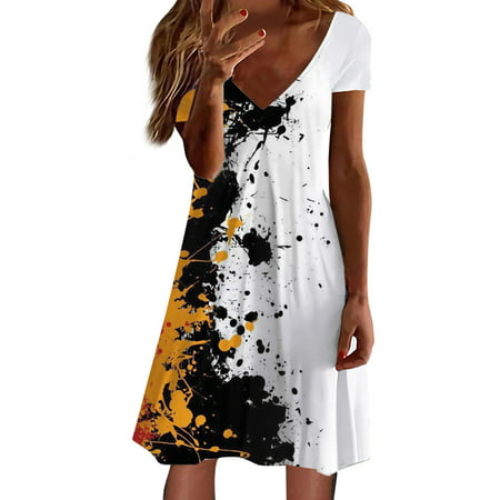 CLZOUD Dresses Summer Casual Ladies Short Sleeve Casual V Neck Floral Print Dress Casual Dress