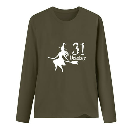 CLZOUD Womens Blouses and Tops Dressy for Work Army Green Cotton Ladies Casual Round Neck Printed Long Sleeve Long Sleeve T Shirt L