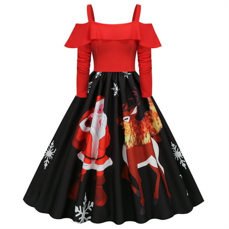 GWAABD Black Dress for Women MIDI Length Women Vintage Long Sleeve Off Shoulder Christmas 1950s Housewife Evening Party Prom Party Dress Splicing Sant