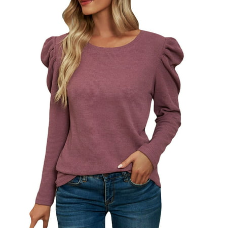 CLZOUD Womens Shirts and Blouses Red Women Fashion Stitched Round Neck Puff Sleeve T Shirt M